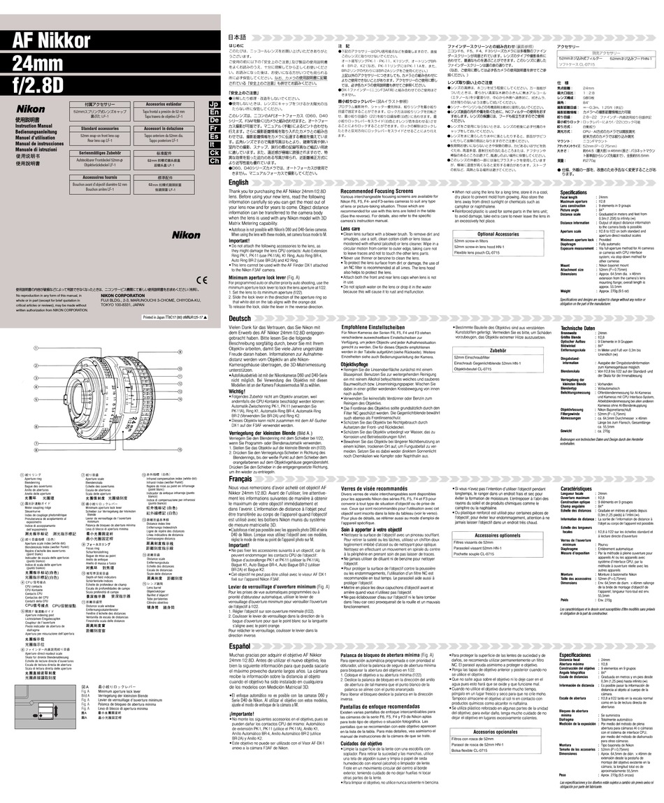 NIKON AF NIKKOR 24MM F/2.8D INSTRUCTION MANUAL Pdf Download | ManualsLib