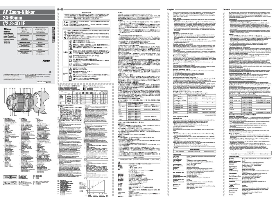 NIKON AF 24-85MM F/2.8-4 IF INSTRUCTION MANUAL Pdf Download