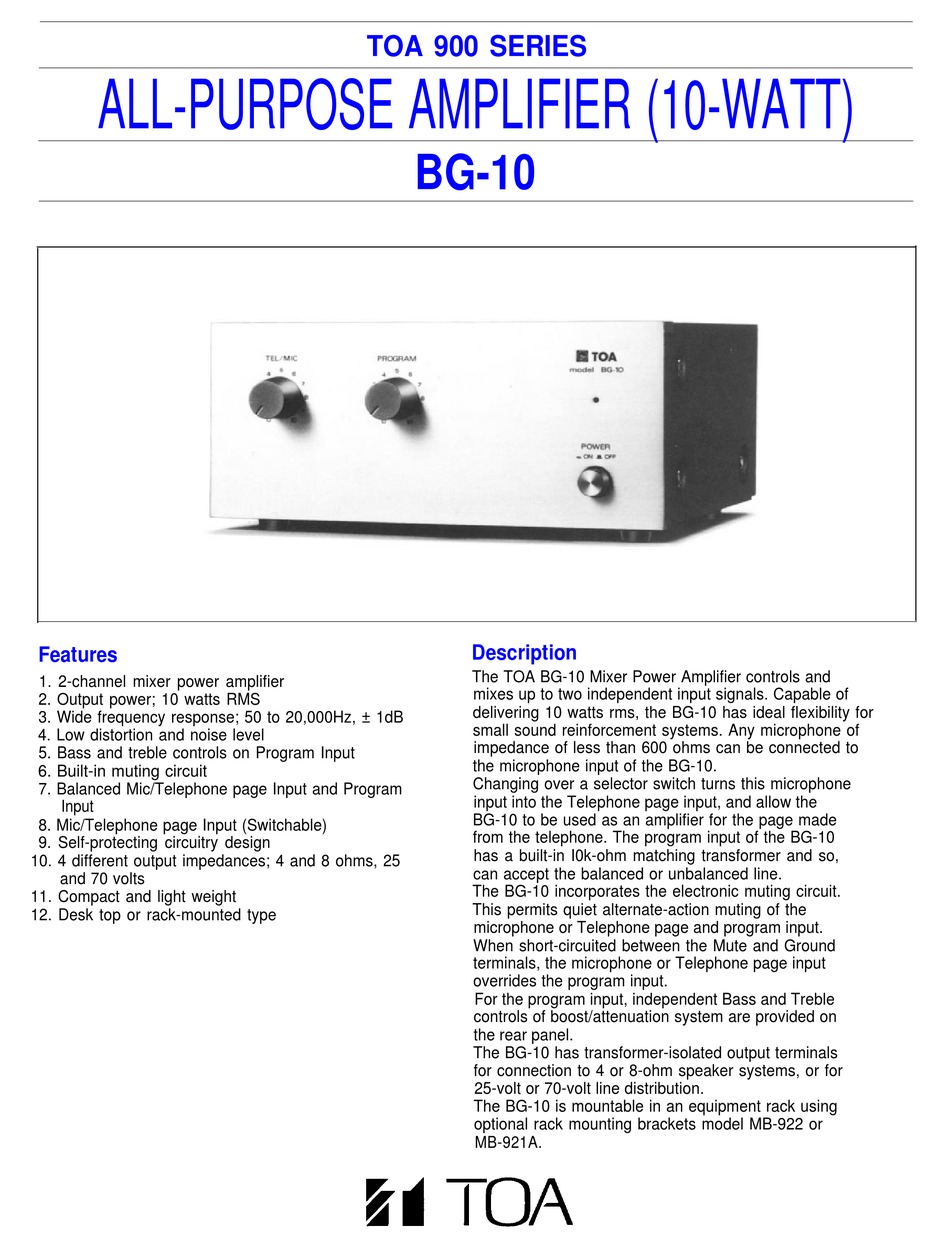 TOA BG-10 SPECIFICATIONS Pdf Download | ManualsLib