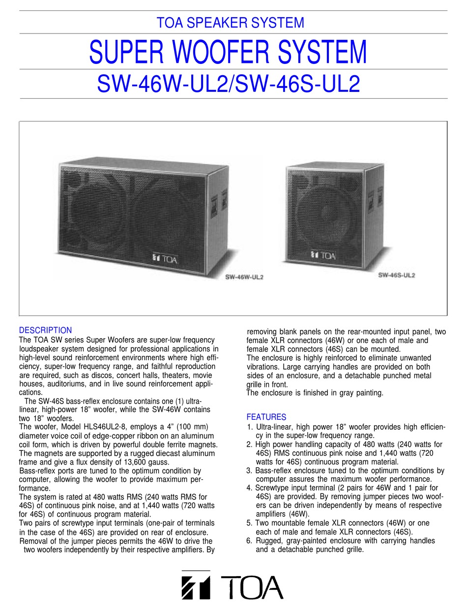 TOA SW-46S-UL2 SPECIFICATIONS Pdf Download | ManualsLib