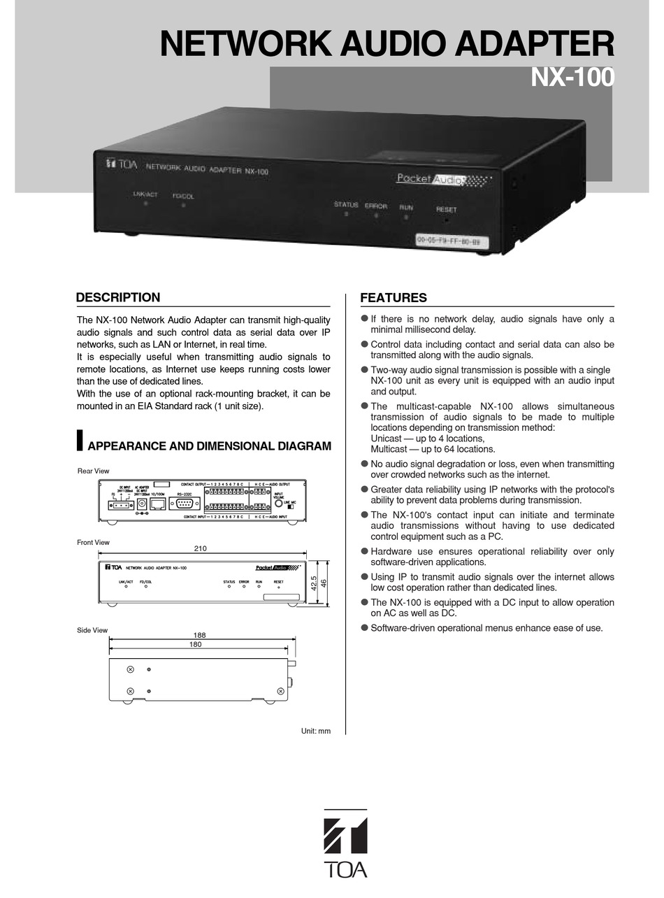 TOA NX100 SPECIFICATIONS Pdf Download ManualsLib