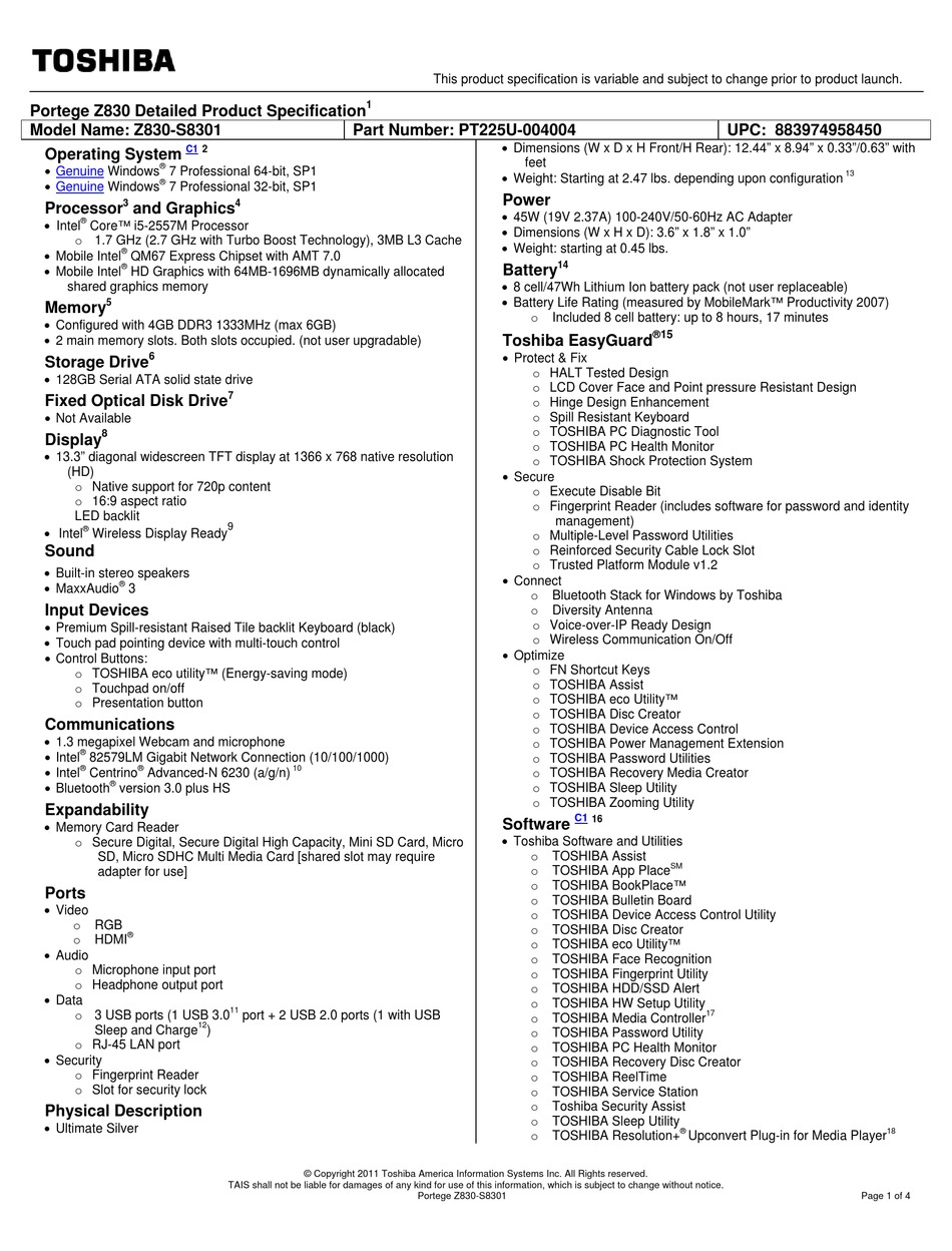 TOSHIBA PORTEGE Z830-S8301 SPECIFICATIONS Pdf Download | ManualsLib