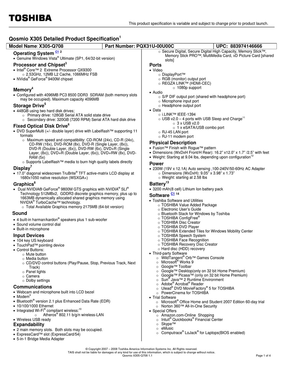 TOSHIBA QOSMIO X305-Q708 SPECIFICATIONS Pdf Download | ManualsLib