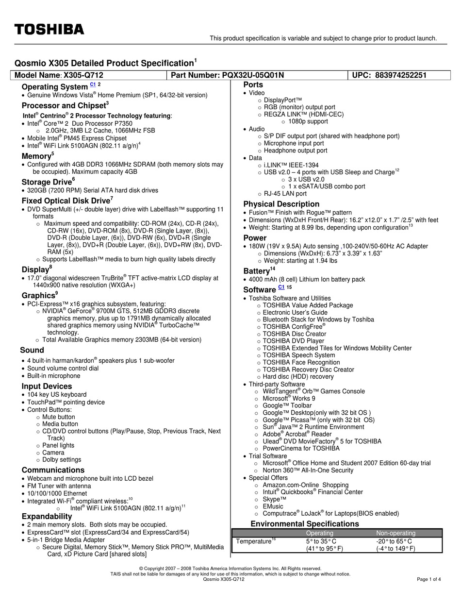 TOSHIBA QOSMIO X305-Q712 SPECIFICATIONS Pdf Download | ManualsLib