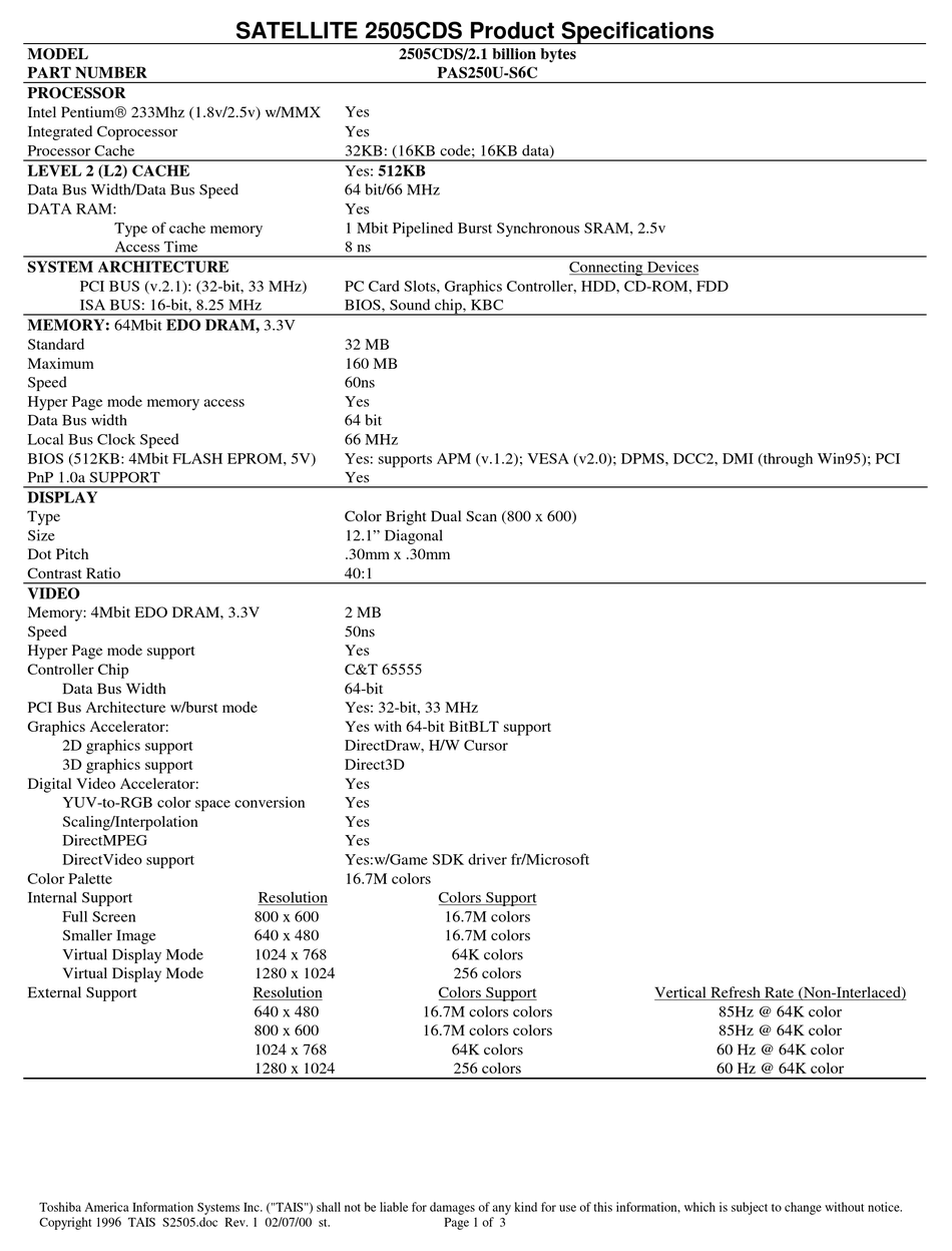 TOSHIBA SATELLITE 2505CDS SPECIFICATIONS Pdf Download | ManualsLib