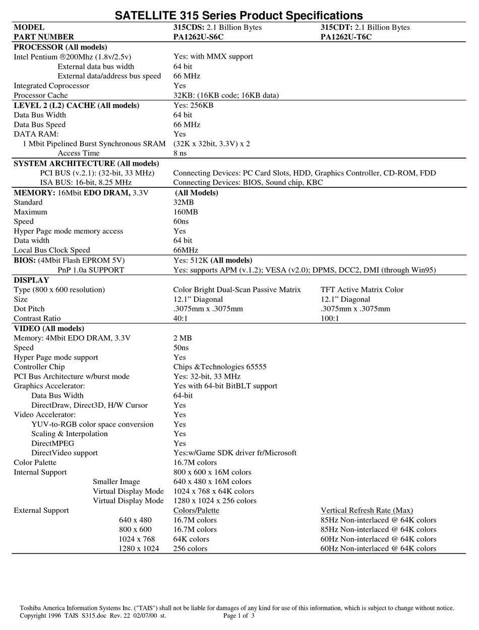 TOSHIBA SATELLITE 315CDS SPECIFICATIONS Pdf Download | ManualsLib