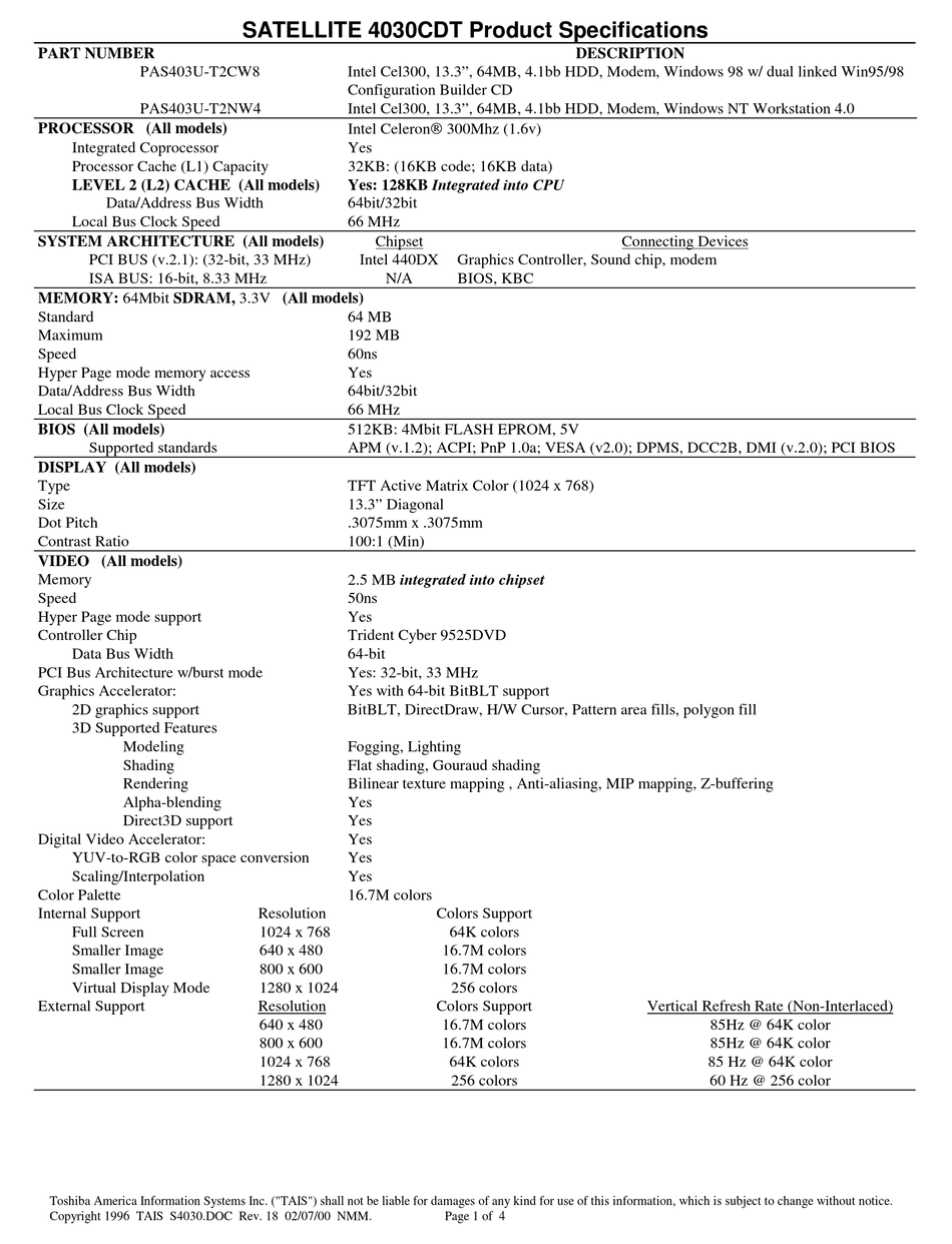 TOSHIBA SATELLITE 4030CDT SPECIFICATIONS Pdf Download | ManualsLib