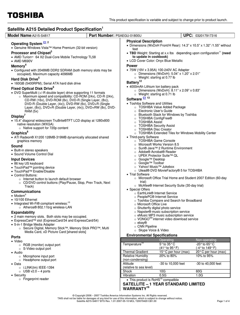 TOSHIBA SATELLITE A215-S4817 SPECIFICATIONS Pdf Download | ManualsLib