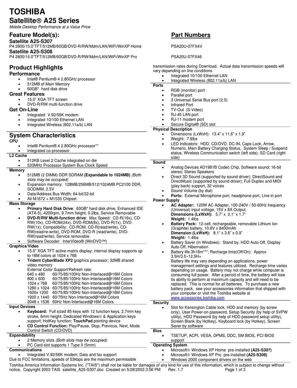 TOSHIBA SATELLITE A25-S307 SPECIFICATIONS Pdf Download | ManualsLib