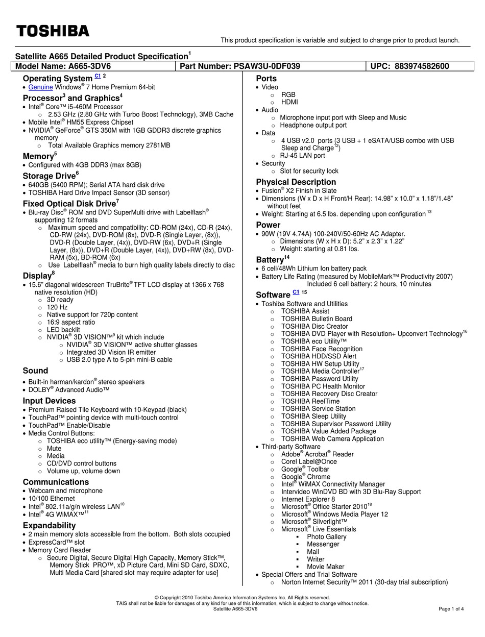 TOSHIBA SATELLITE A665-3DV6 SPECIFICATIONS Pdf Download | ManualsLib