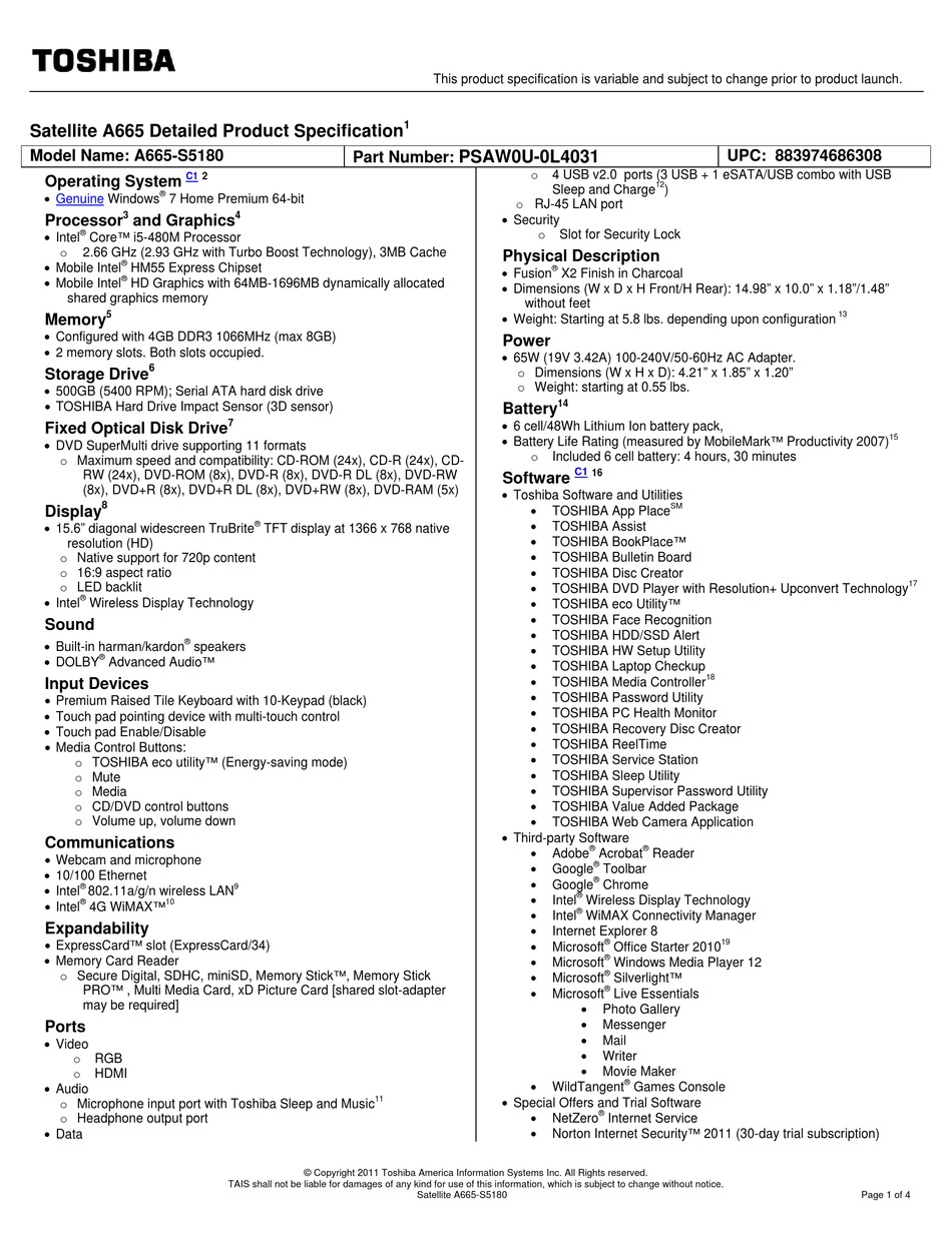 TOSHIBA SATELLITE A665-S5180 SPECIFICATIONS Pdf Download | ManualsLib