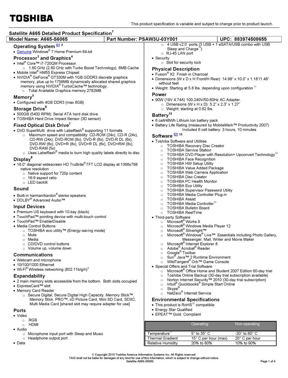 TOSHIBA SATELLITE A665-S6065 SPECIFICATIONS Pdf Download | ManualsLib