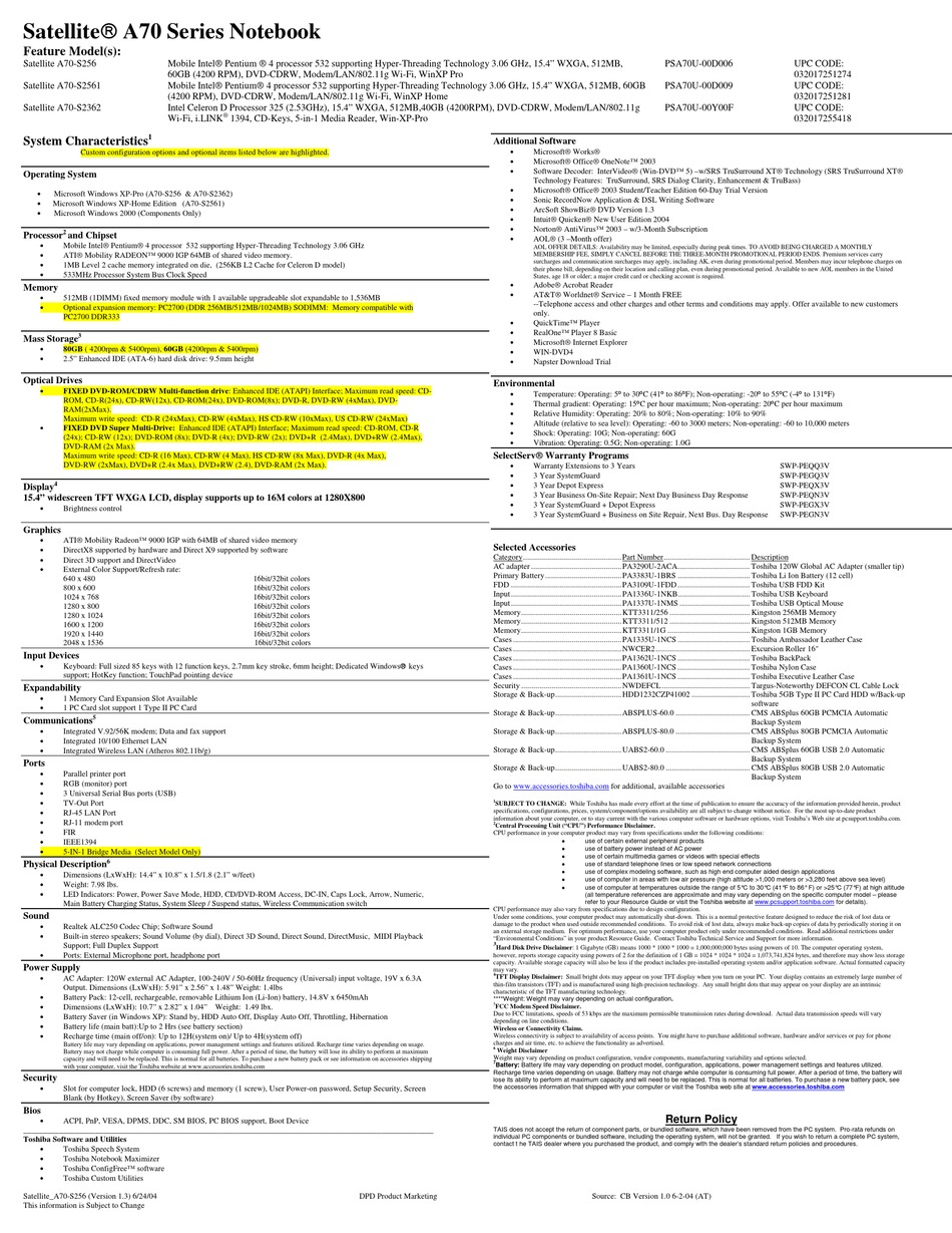 TOSHIBA SATELLITE A70-S2362 PRODUCT INFORMATION Pdf Download | ManualsLib