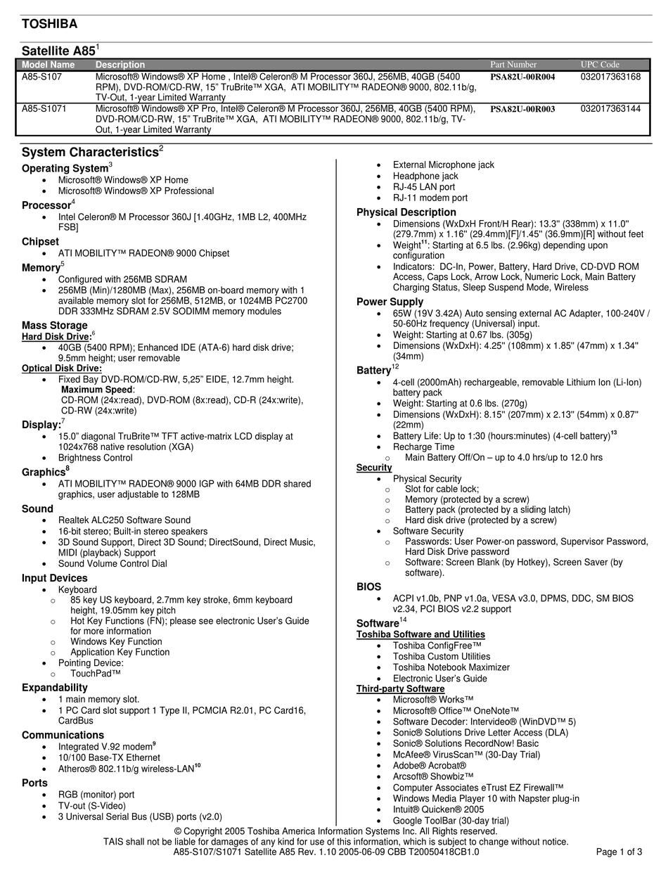TOSHIBA SATELLITE A85-S107 SPECIFICATIONS Pdf Download | ManualsLib