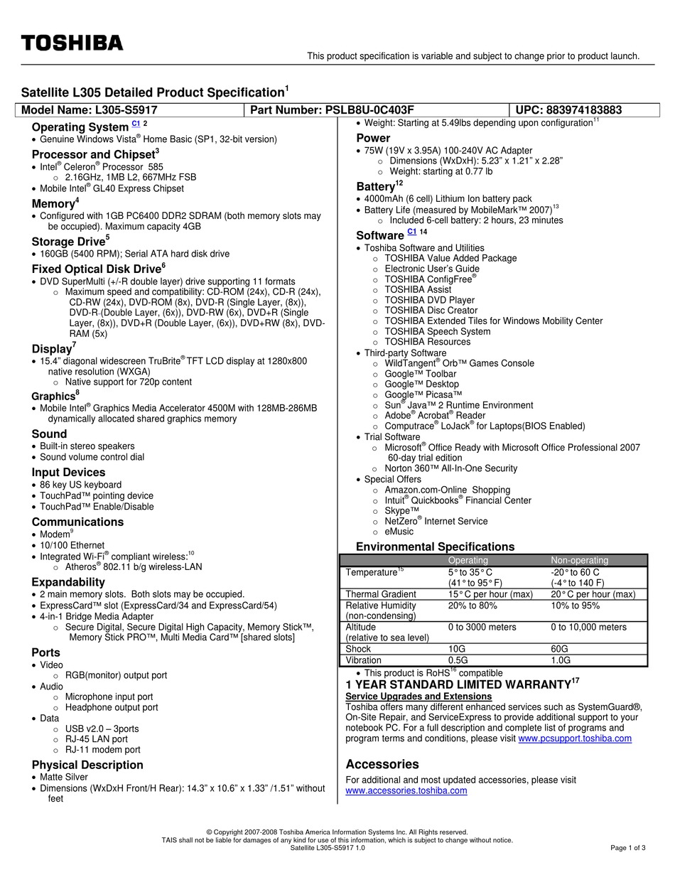 TOSHIBA SATELLITE L305-S5917 SPECIFICATIONS Pdf Download | ManualsLib