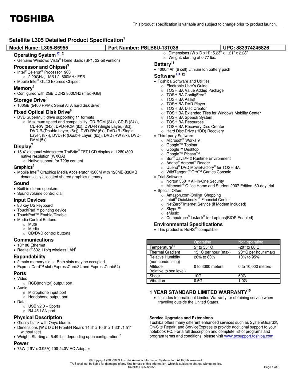 TOSHIBA SATELLITE L305-S5955 SPECIFICATIONS Pdf Download | ManualsLib