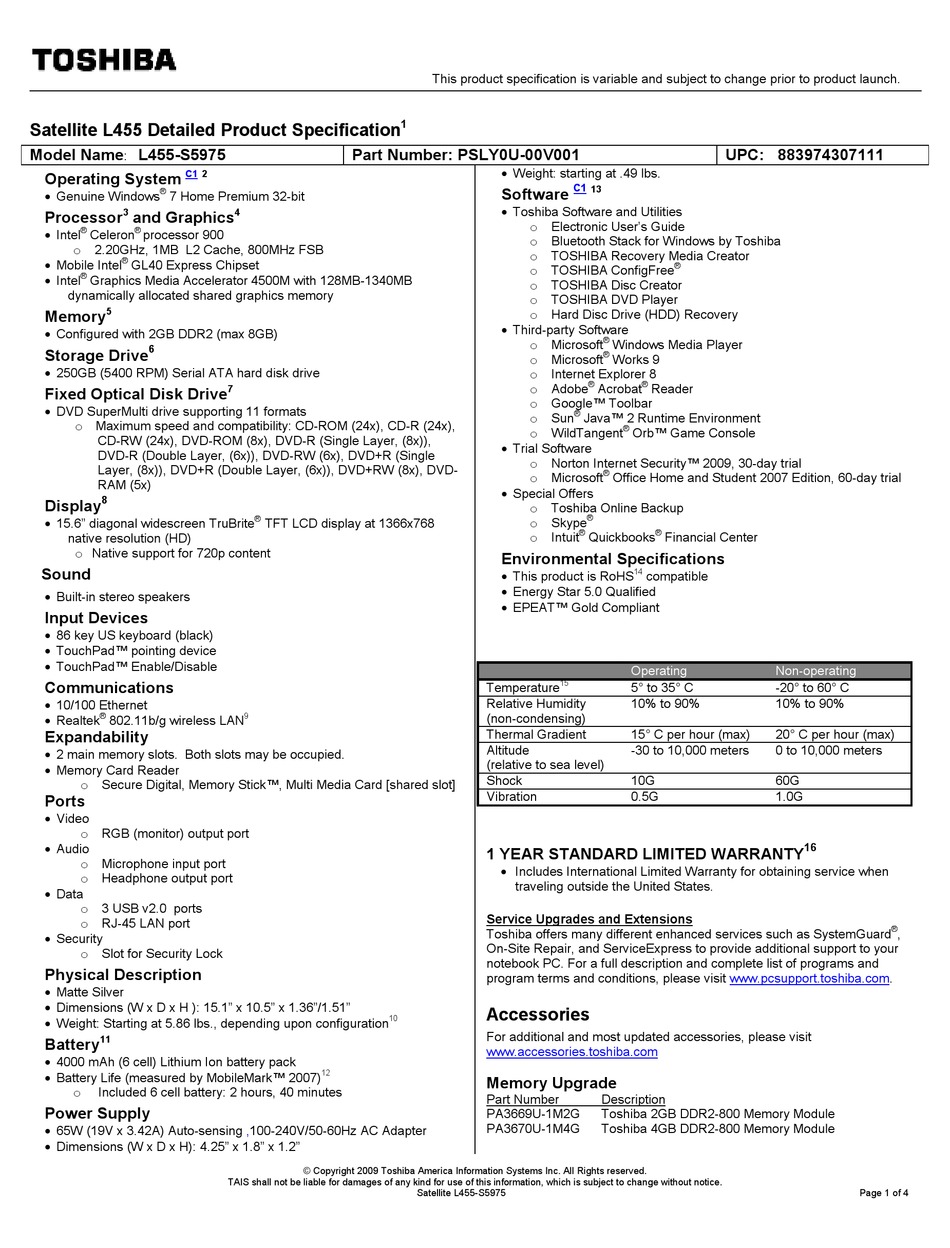 Toshiba Satellite L455 S5975 Specifications Pdf Download Manualslib
