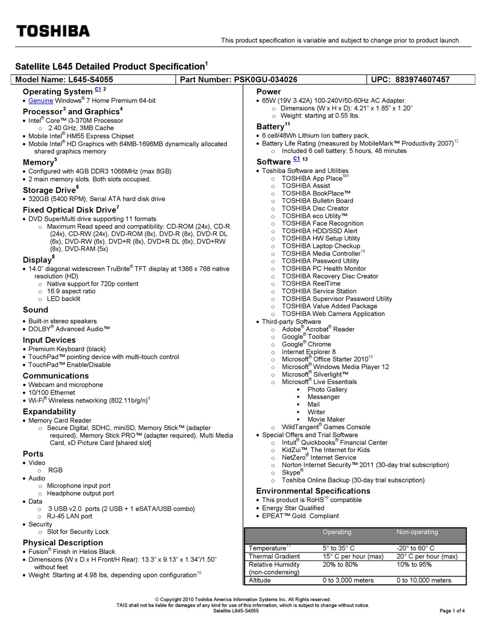 Toshiba Satellite L645 S4055 Specifications Pdf Download Manualslib