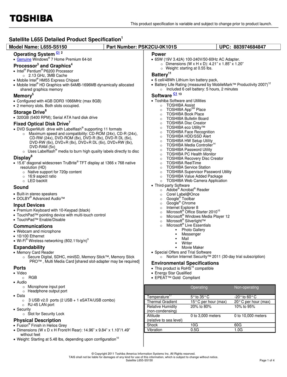 TOSHIBA SATELLITE L655-S5150 SPECIFICATIONS Pdf Download | ManualsLib