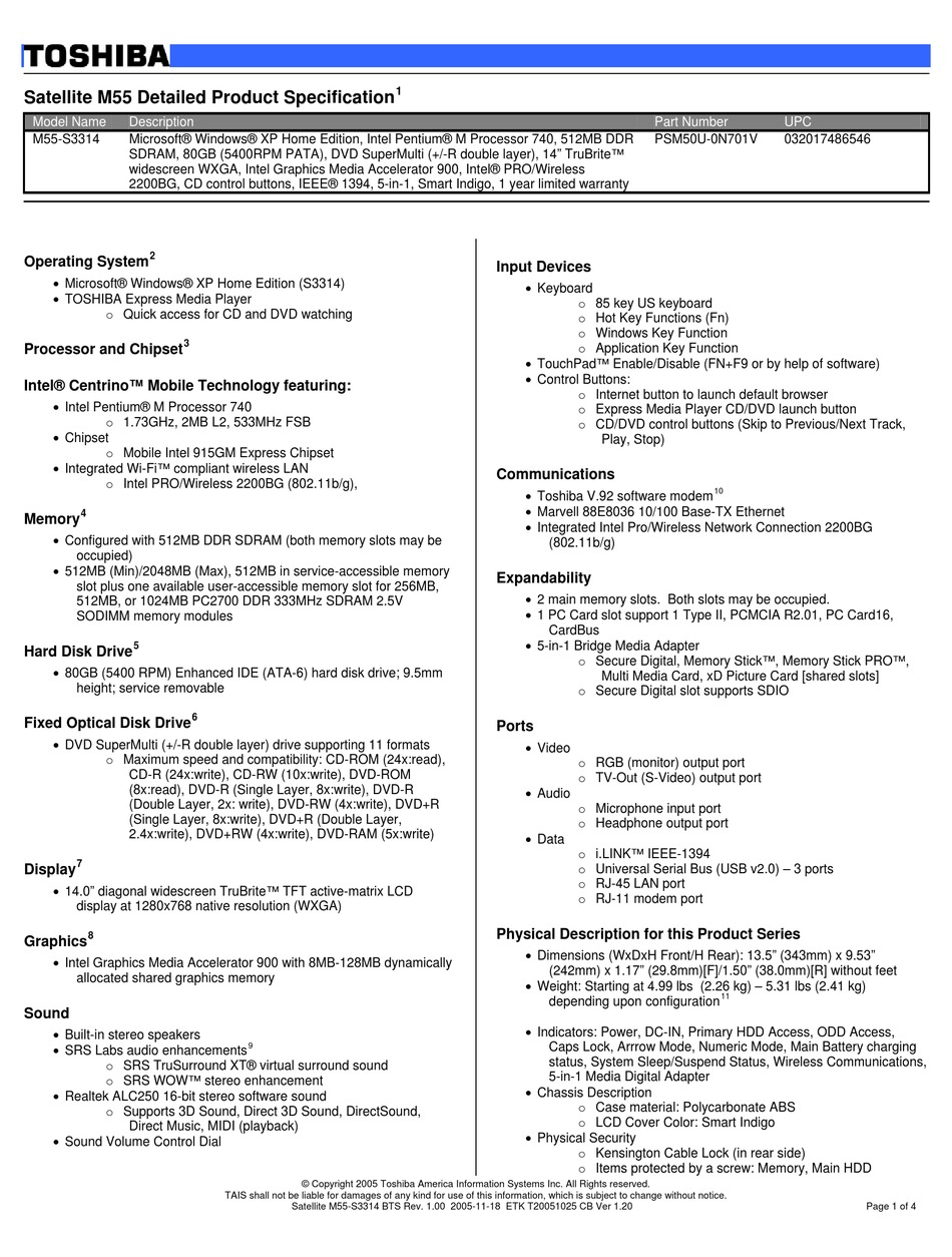 Toshiba Satellite M55 S3314 Specifications Pdf Download Manualslib