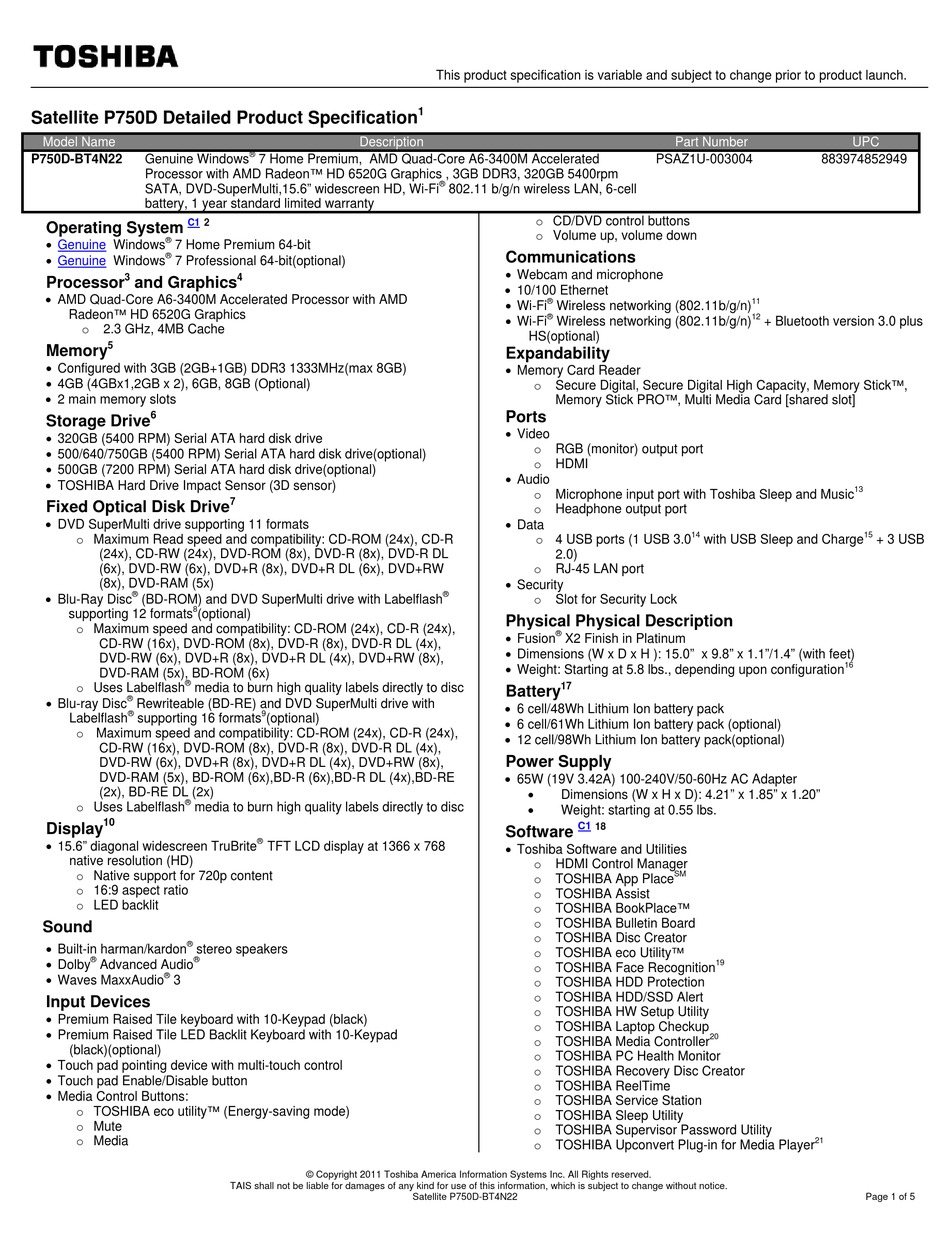 TOSHIBA SATELLITE P750D-BT4N22 SPECIFICATIONS Pdf Download | ManualsLib