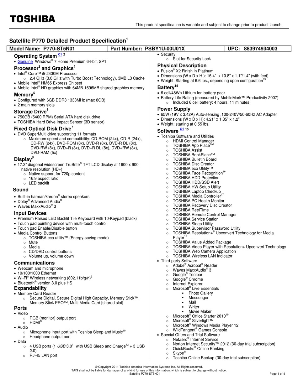 TOSHIBA SATELLITE P770-ST5N01 SPECIFICATIONS Pdf Download | ManualsLib