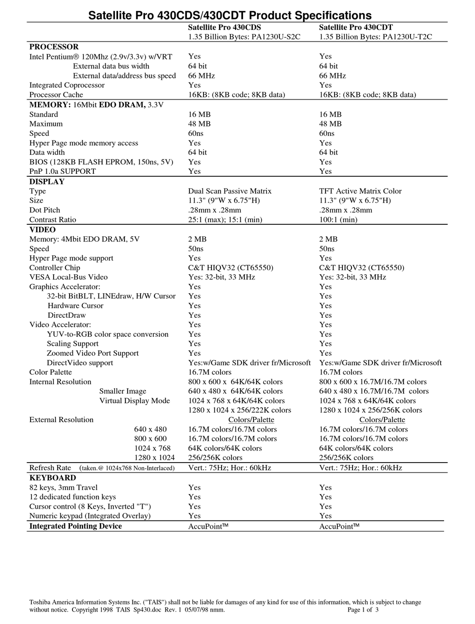 TOSHIBA SATELLITE PRO 430CDT SPECIFICATIONS Pdf Download | ManualsLib