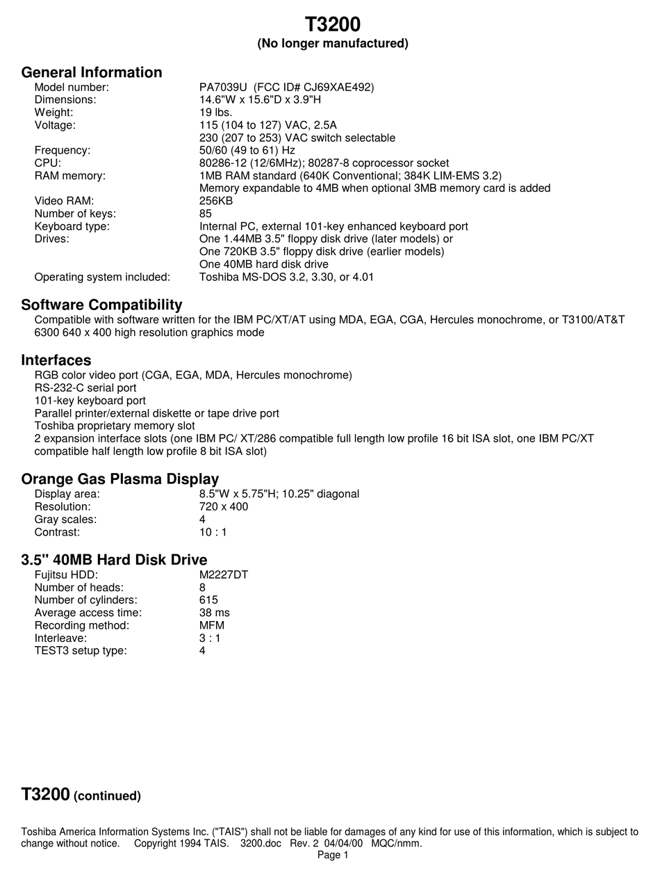 TOSHIBA T-SERIES T3200 SPECIFICATIONS Pdf Download | ManualsLib