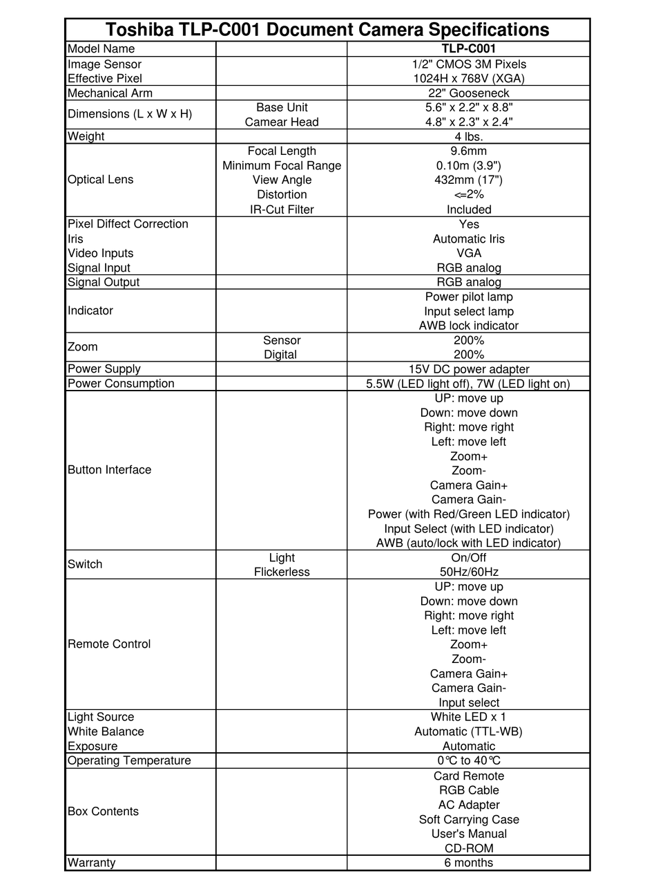 TOSHIBA TLP-C001 DIMENSIONS Pdf Download | ManualsLib