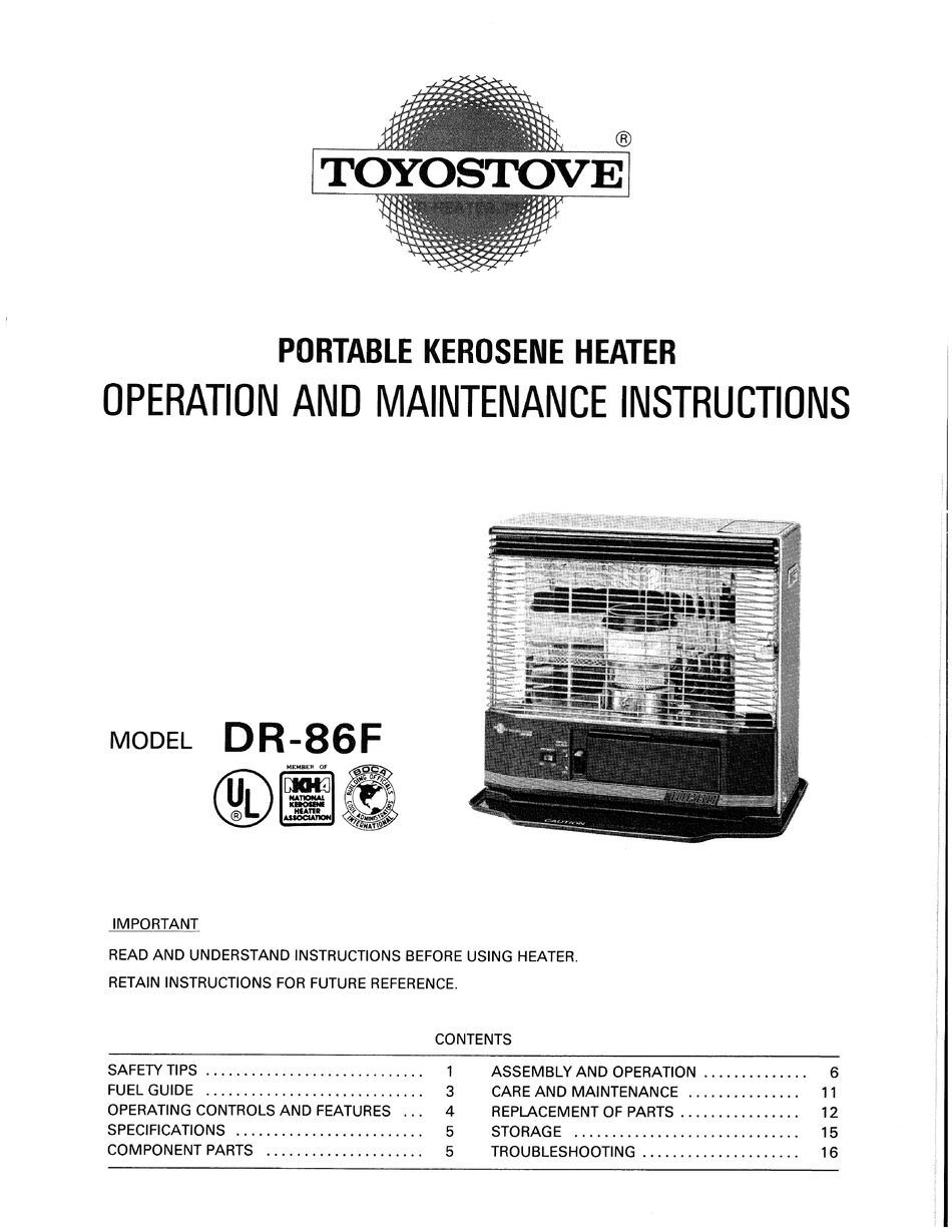 TOYOSTOVE DR-86F OPERATING AND MAINTENANCE INSTRUCTIONS MANUAL Pdf