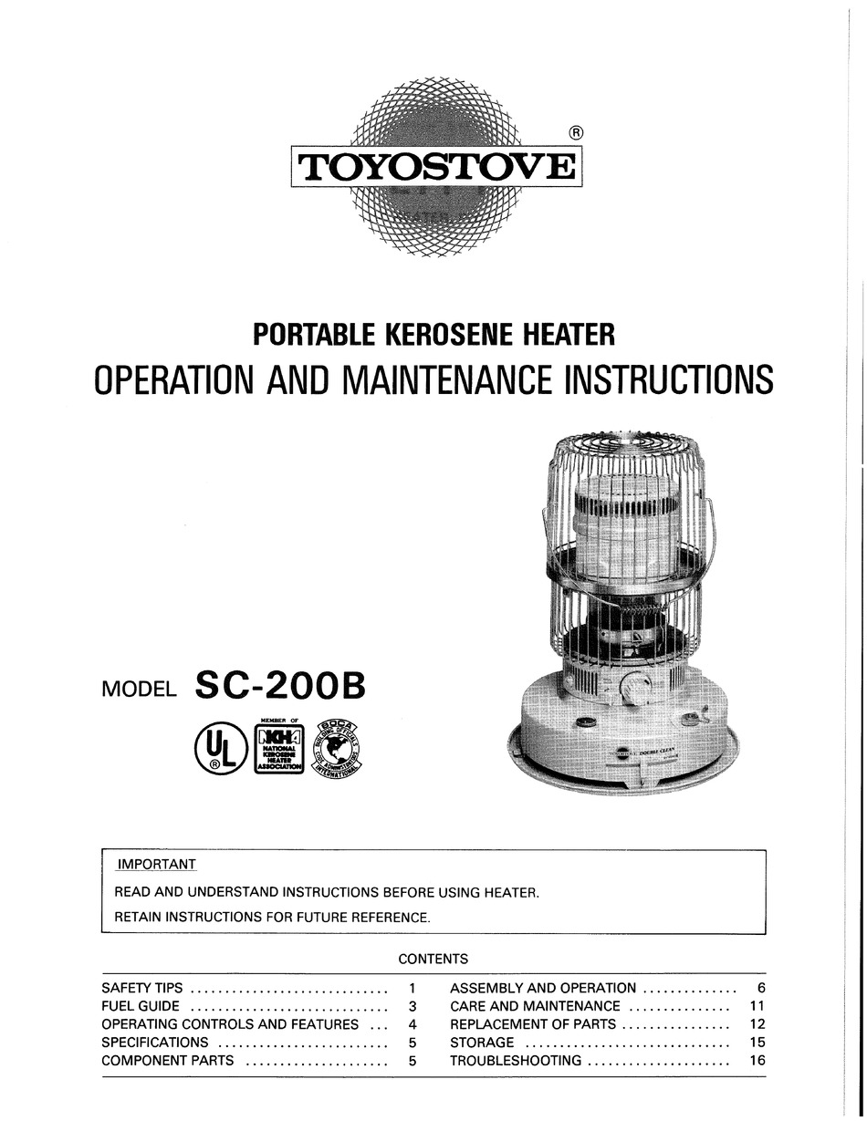 TOYOSTOVE SC-200B OPERATION AND MAINTENANCE INSTRUCTIONS Pdf Download