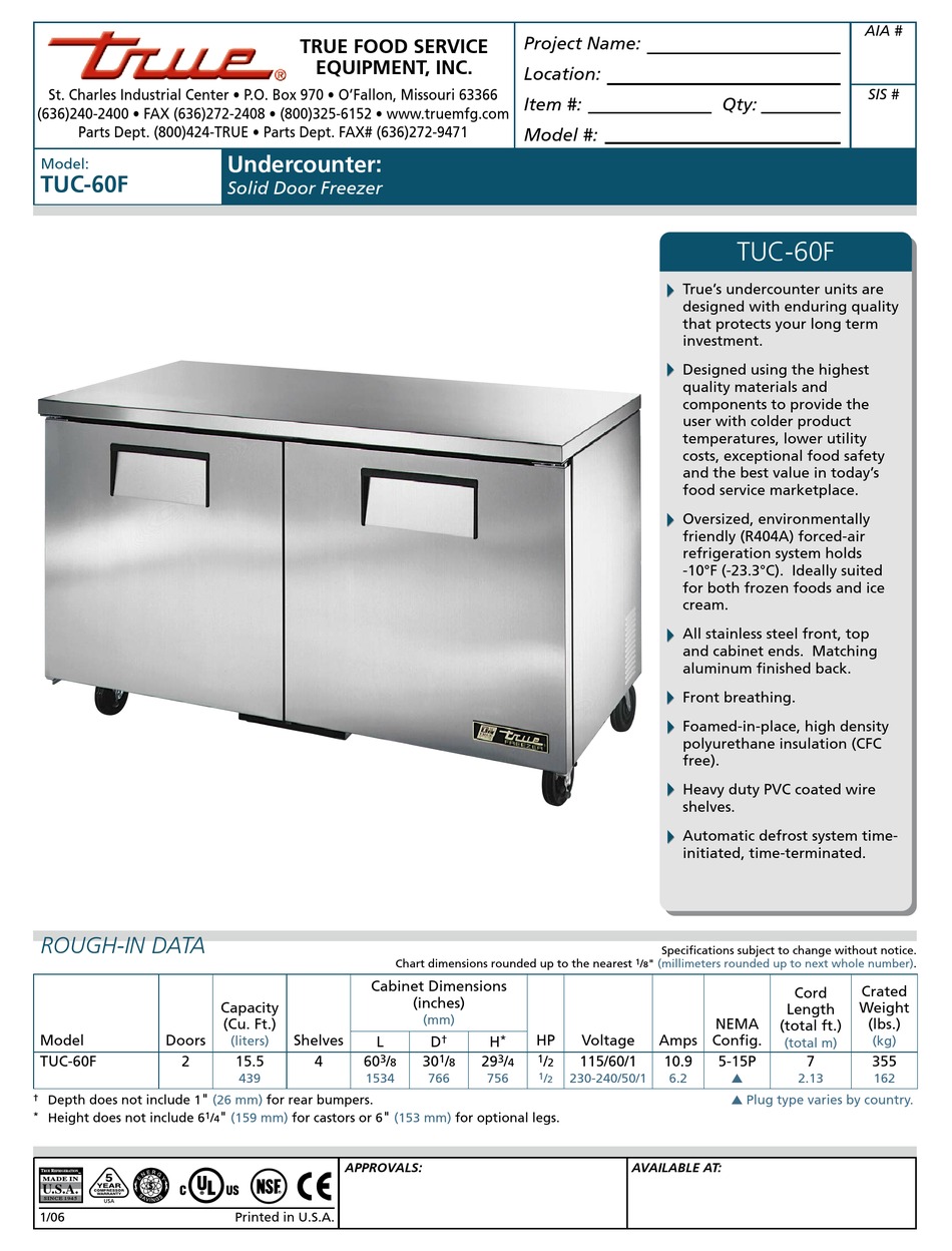 True TUC-60F-HC Undercounter Freezer, 60