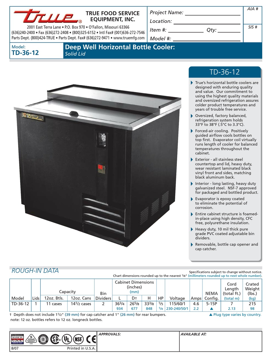 True Td 36 12 Specifications Pdf Download Manualslib