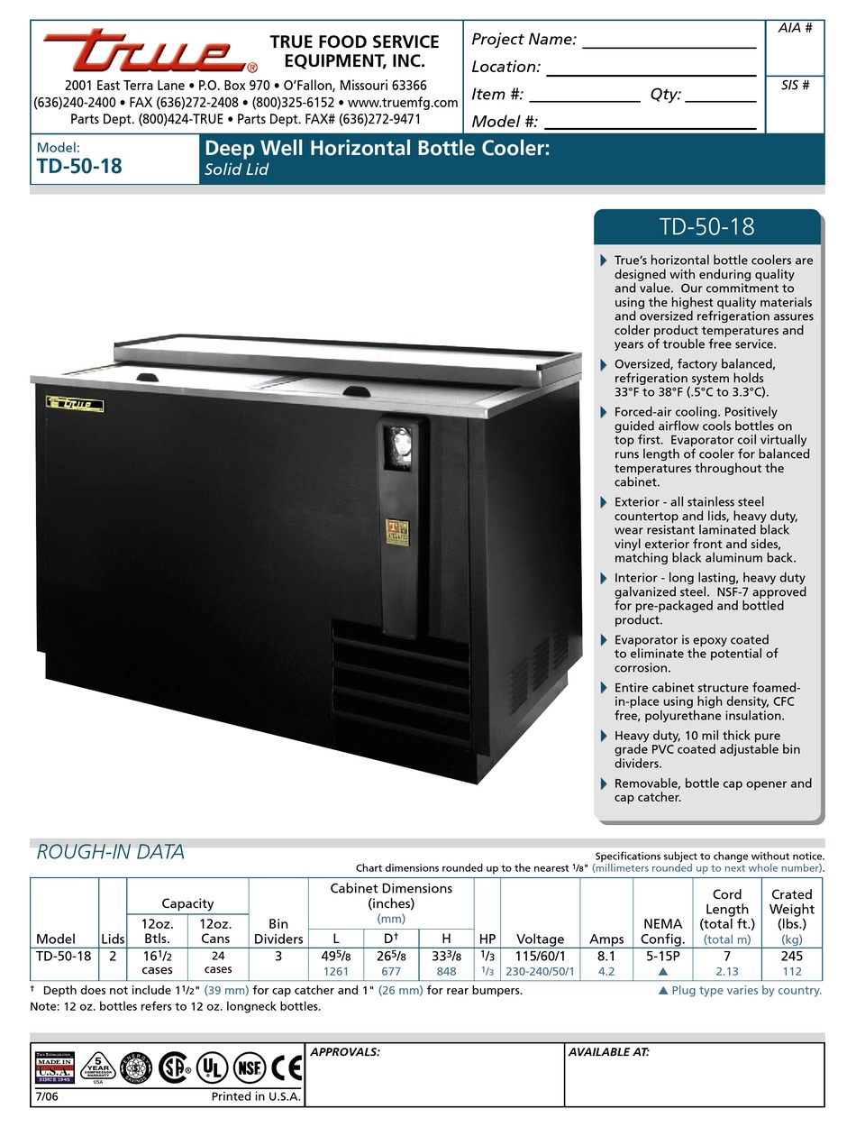 True Td 50 18 Specifications Pdf Download Manualslib