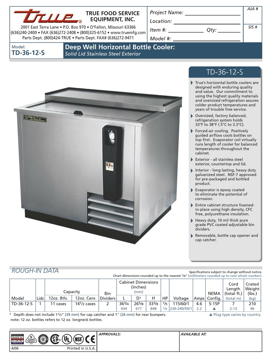 True Td 36 12 S Specifications Pdf Download Manualslib