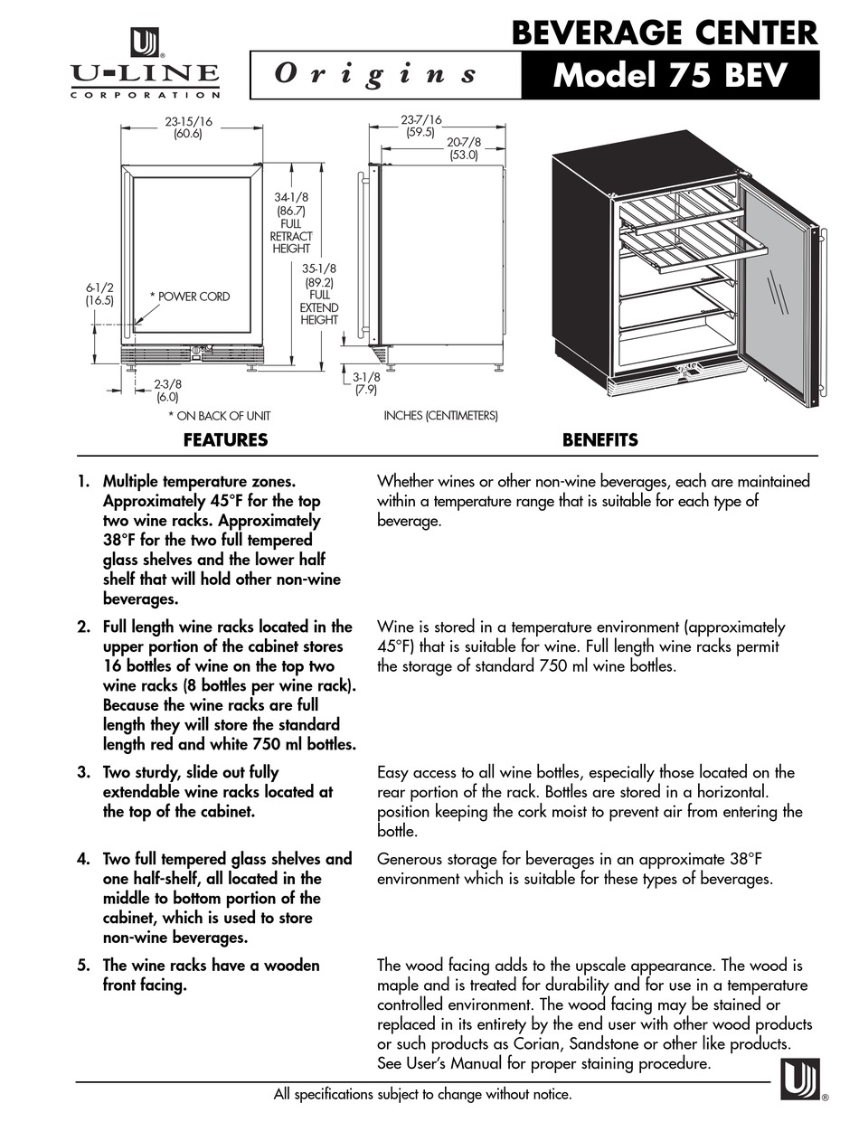ULINE ORIGINS 75BEV SPECIFICATIONS Pdf Download ManualsLib