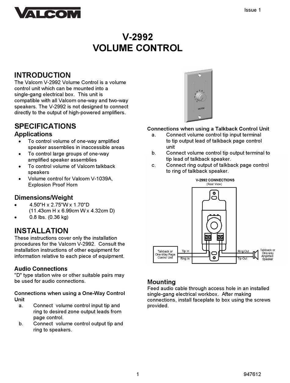 New Valcom V-1092 Speaker Volume Control 