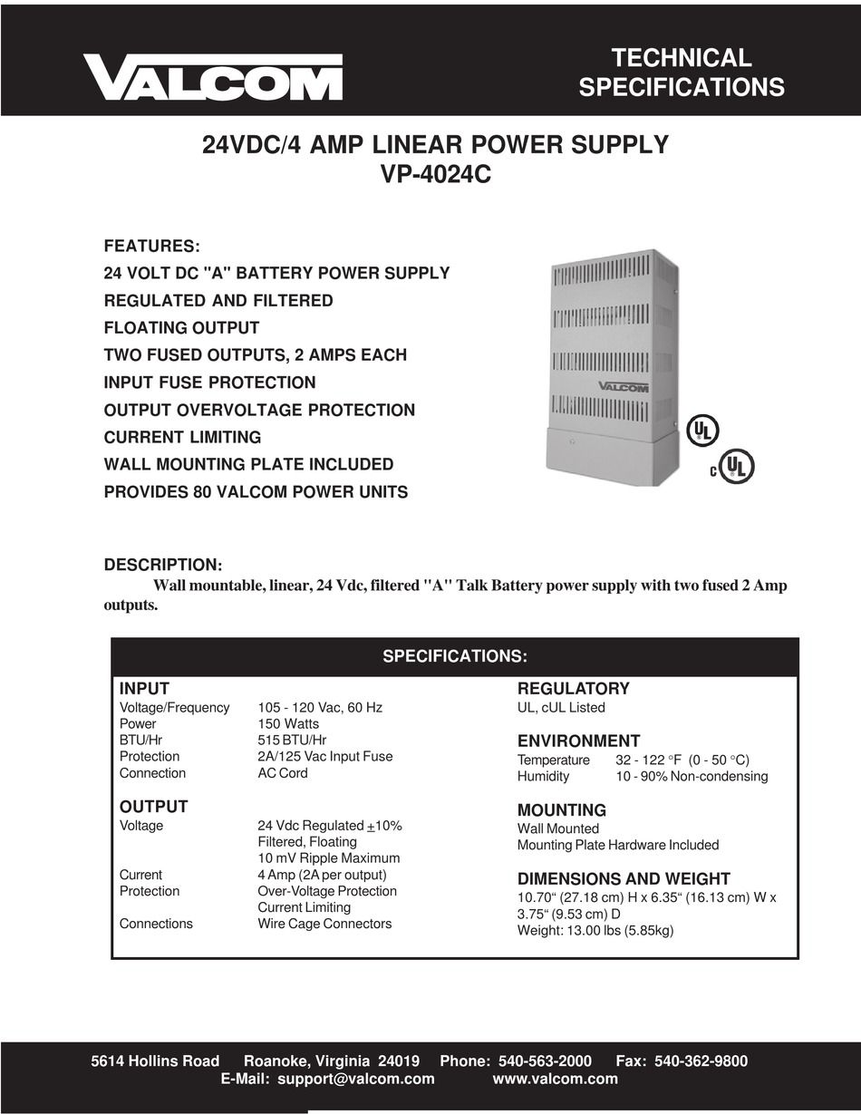 Valcom 24VDC/2A Power Supply VP-4024C  #T4 