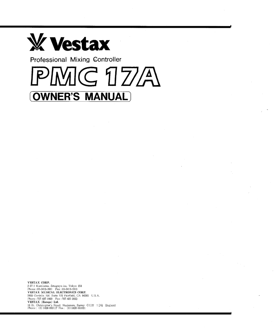 VESTAX PMC-17A OWNER'S MANUAL Pdf Download | ManualsLib