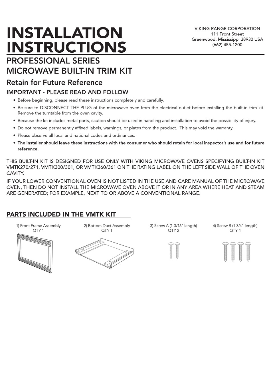 VIKING PROFESSIONAL VMOS200 INSTALLATION INSTRUCTIONS Pdf Download
