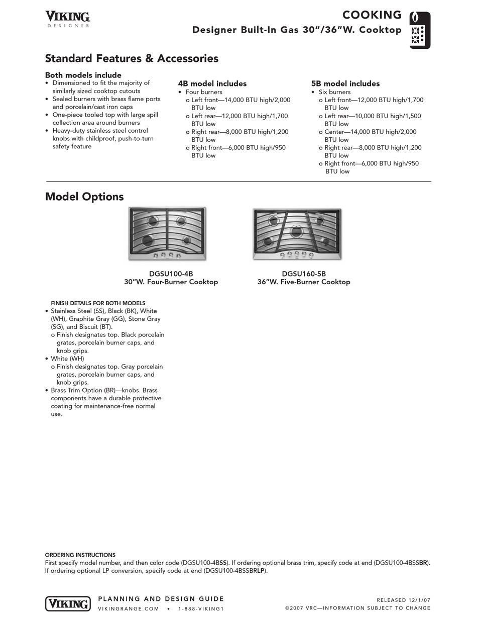 Viking Designer Dgsu100 4b Specification Sheet Pdf Download Manualslib