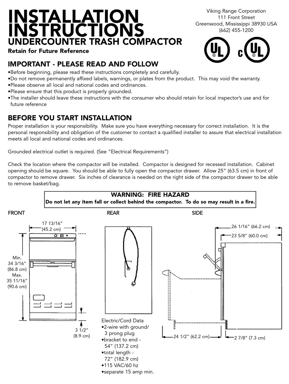 VIKING VUC181 INSTALLATION INSTRUCTIONS Pdf Download ManualsLib