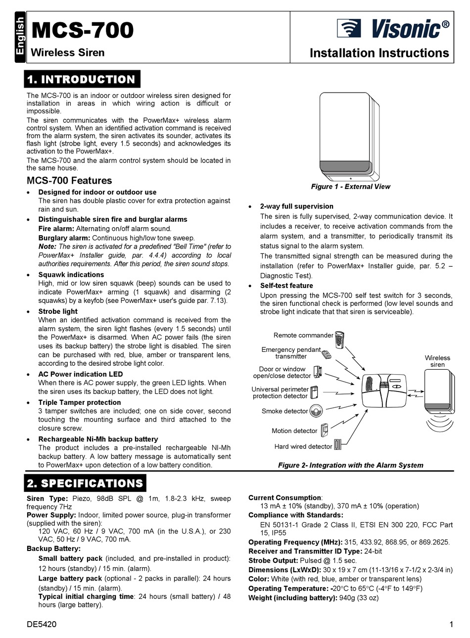 VISONIC MCS-700 INSTALLATION INSTRUCTIONS Pdf Download | ManualsLib