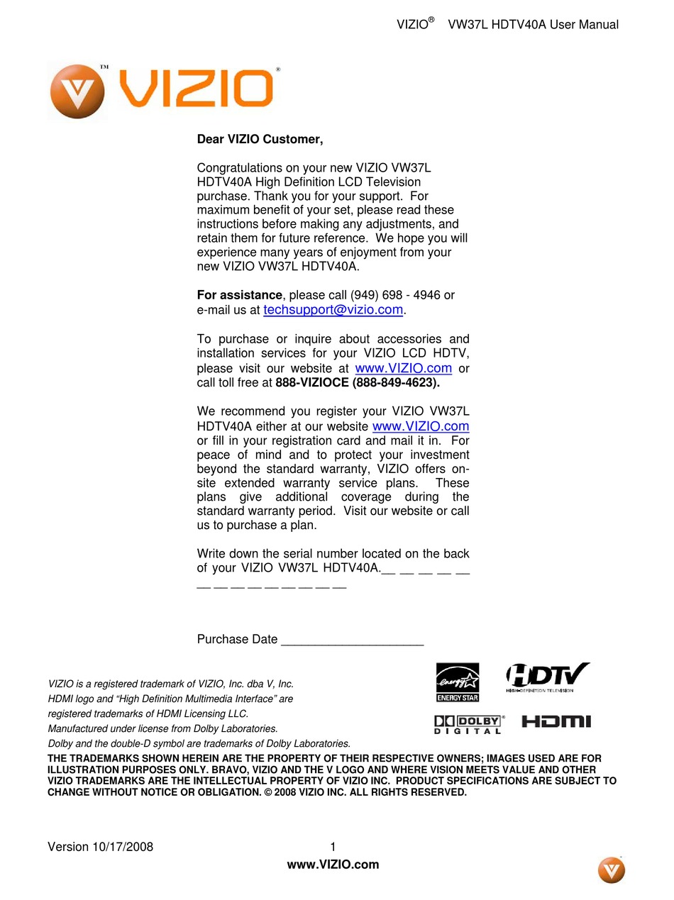 VIZIO VW37L USER MANUAL Pdf Download | ManualsLib