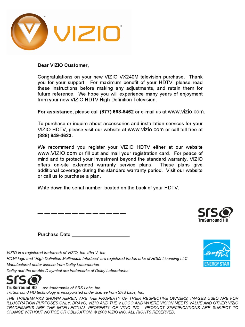 Vizio Vx240m User Manual Pdf Download Manualslib