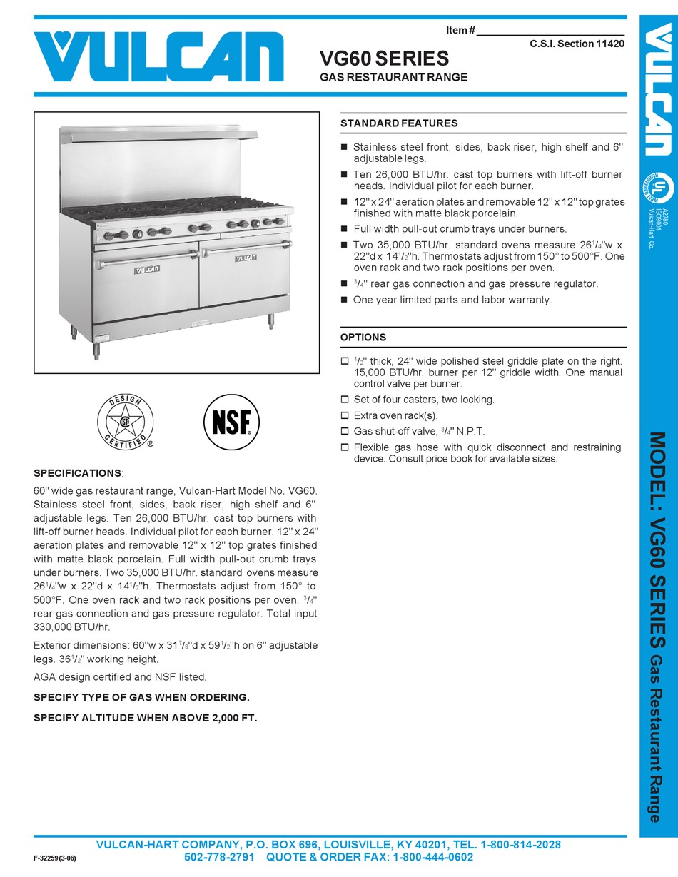 VULCAN-HART VG60 SPECIFICATIONS Pdf Download | ManualsLib
