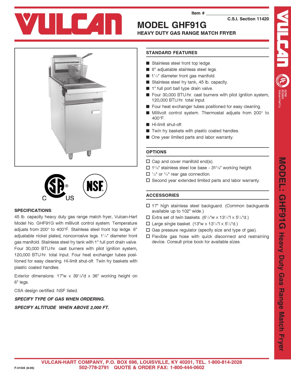 VULCAN-HART GHF91G SPECIFICATIONS Pdf Download | ManualsLib