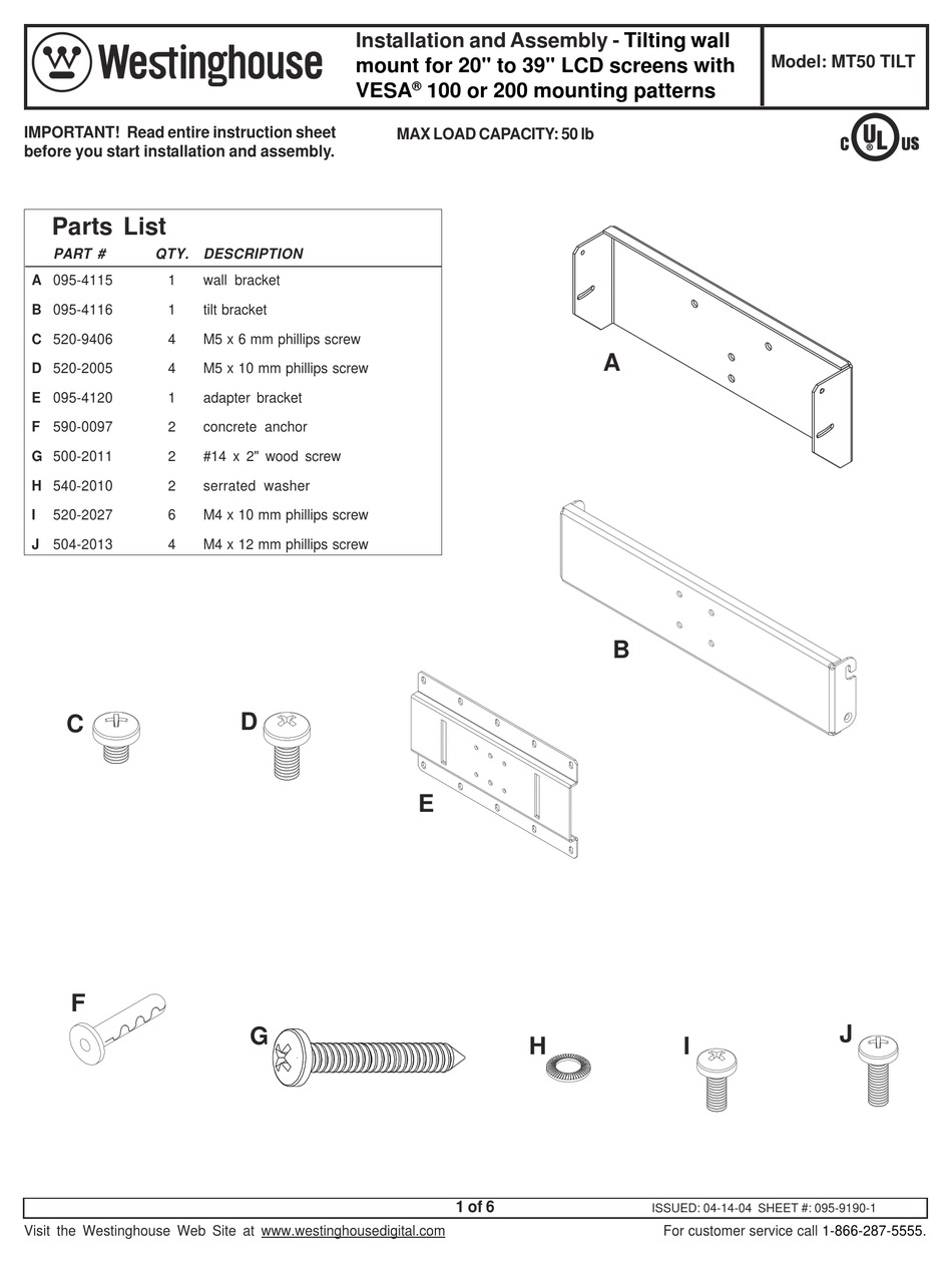 WESTINGHOUSE MT50 TILT INSTALL MANUAL Pdf Download ManualsLib