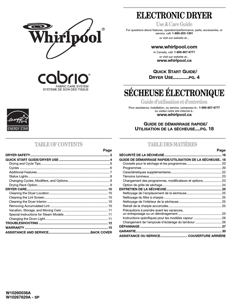 WHIRLPOOL CABRIO WED6200S USE & CARE MANUAL Pdf Download | ManualsLib