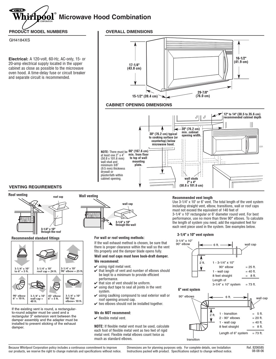 WHIRLPOOL MH3184XPS DIMENSIONS Pdf Download ManualsLib